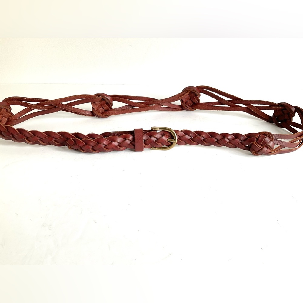 Cognac Brown Woven Knotted Leather Belt, Size Small Medium Adjustable 31-39”